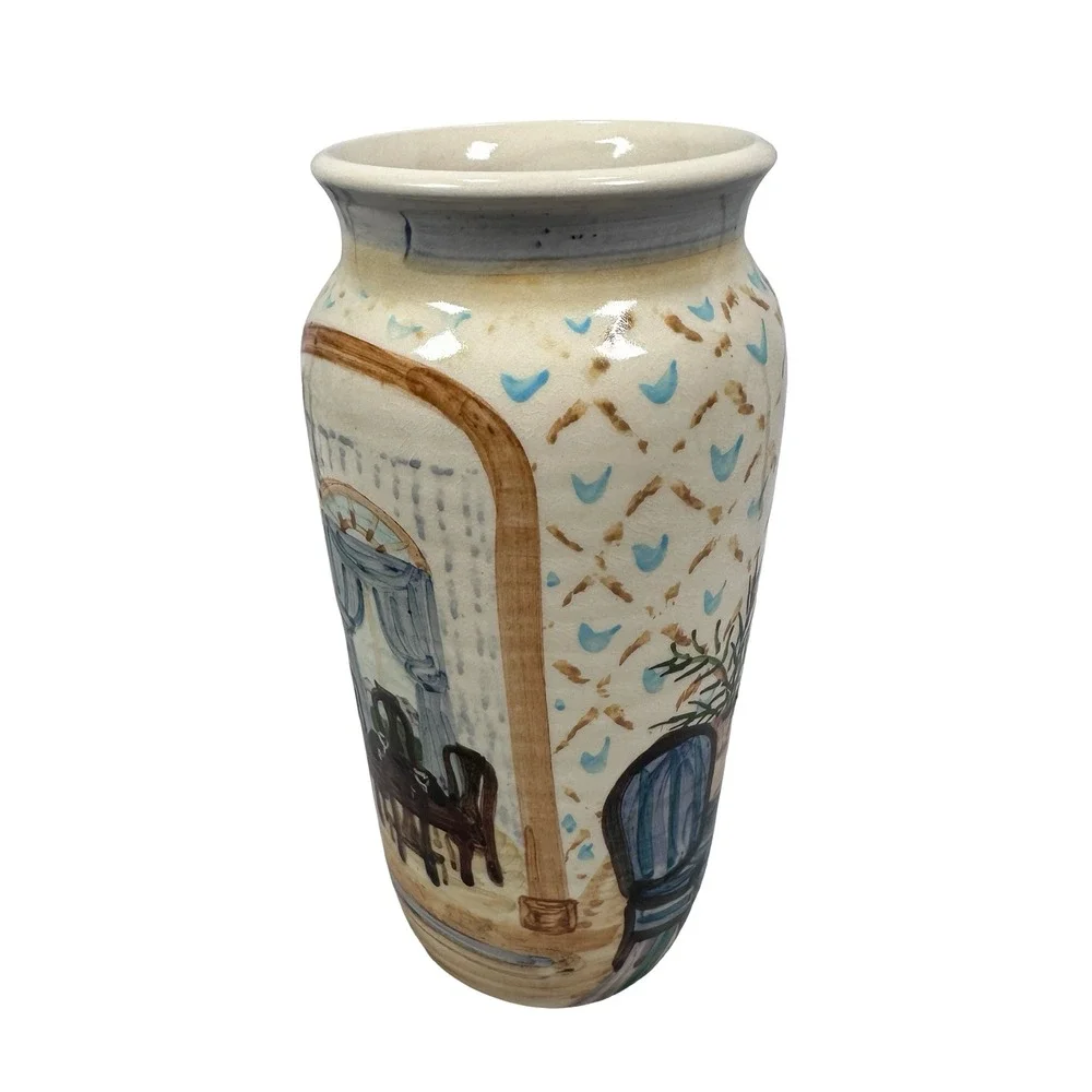 Liz‎ Lawrence Redware Pottery Vase 1992 Hand Painted Scenic Interior Landscape